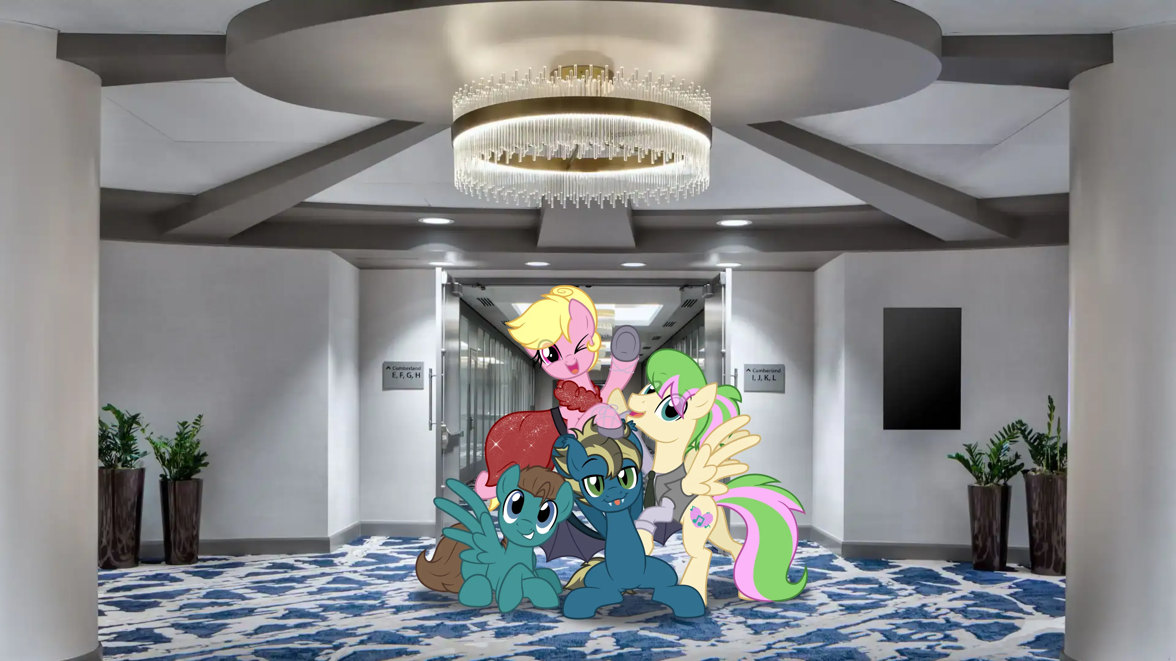 HarmonyCon mascots in the Hyatt Regency Dallas convention hallway