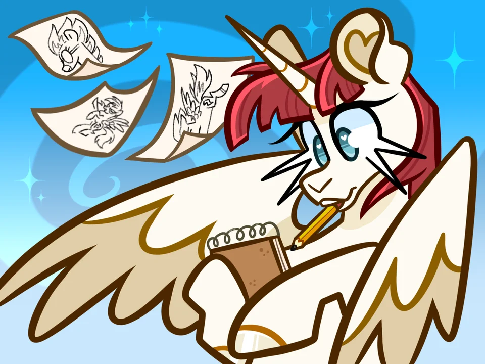 A red-maned, winged unicorn drawing in a sketchbook, with character sketches floating nearby